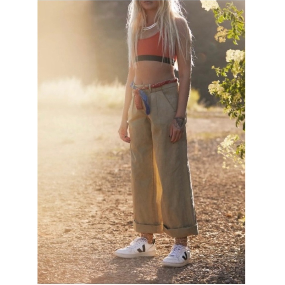Free People Marina Low Rise Pleated Cuffed Hem Wide Leg Washed Trouser Pants - Picture 4 of 16
